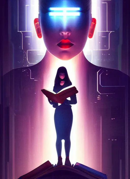 Image similar to symmetry!! centered head on closeup portrait of a girl reading multiple books, sci - fi -, cyberpunk, blade runner, glowing lights, tech, biotech, techwear!! intricate, elegant, highly detailed, digital painting, artstation, concept art, smooth, sharp focus, illustration, art by artgerm and greg rutkowski and alphonse mucha