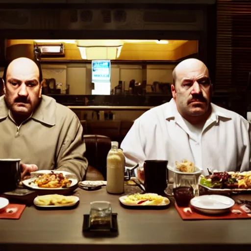 Image similar to tony soprano and walter white eating at a diner together, photorealistic, alone in the diner, hyperrealistic, 8 k, ultra hd, true to life