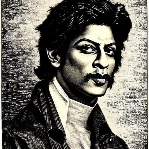 Image similar to A beautiful 19th century wood-engraving of Shah Rukh Khan, by Édouard Riou Jules Férat and Henri de Montaut, highly detailed, fine Art, high detail, masterpiece, illustration, clear eyes, trending on artstation