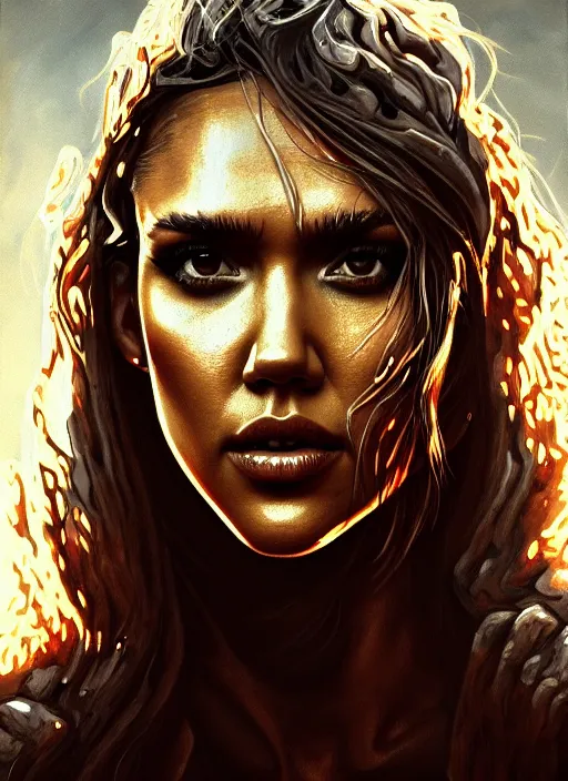 Image similar to close up portrait of jessica alba as a monster in the mountains of hell, oil painting by tomasz jedruszek, cinematic lighting, pen and ink, intricate line, hd, 4 k, million of likes, trending on artstation