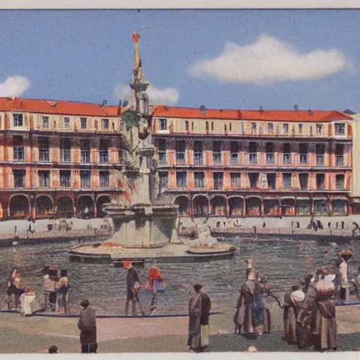 Prompt: coloured postcard of the fountain at la plaza mayor de madrid in 1 9 2 7 ; bromide real photo card with some additional hand - colouring