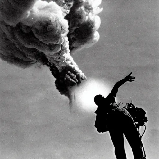 Prompt: atomic bomb being dropped on man looking up