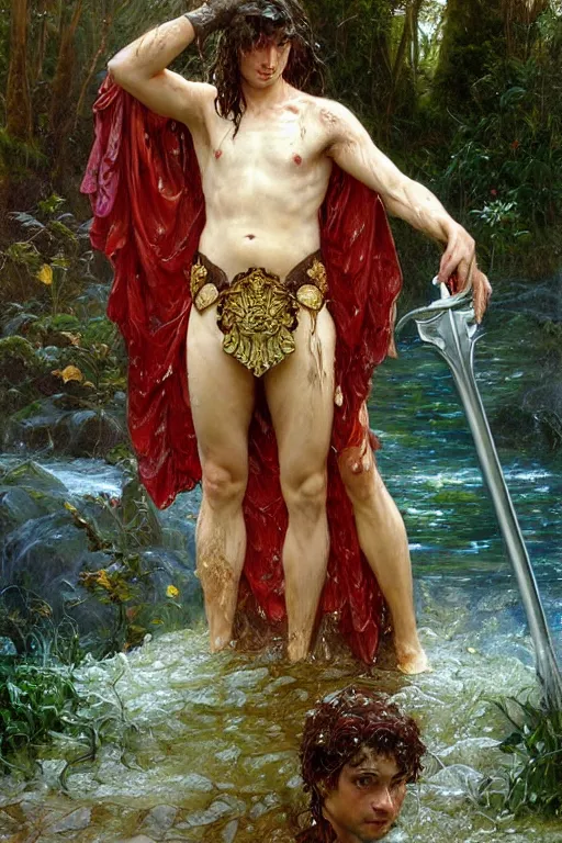 Prompt: portrait of a man wearing a knight robe, holding a sword, drenched body, wet dripping hair, emerging from the water, fantasy, regal, fractal crystal, fractal gems, by stanley artgerm lau, thomas kindkade, alphonse mucha, loish, norman rockwell