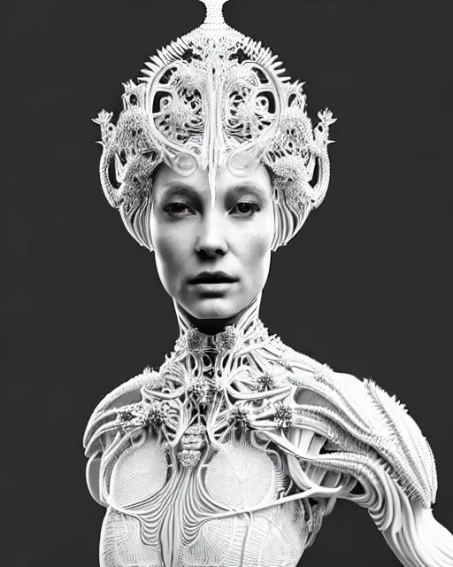 Image similar to bw 3 d render of a beautiful female queen - cyborg - vegetal, dressed in long elegant intricate ornamental white dress, intricate fractal ornament in the bust with a very long neck, elegant, highly detailed intricate baroque ornament in her blond long hair, realistic, refined, highly detailed, cinematic outdoor lighting, fine art photography by flora borsi, volumetric lighting, hyper realistic photography