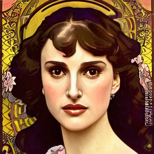 Image similar to a closeup portrait of a young natalie portman, art nouveau, jugendstil, decorative background, spirals, painted by alphonse mucha