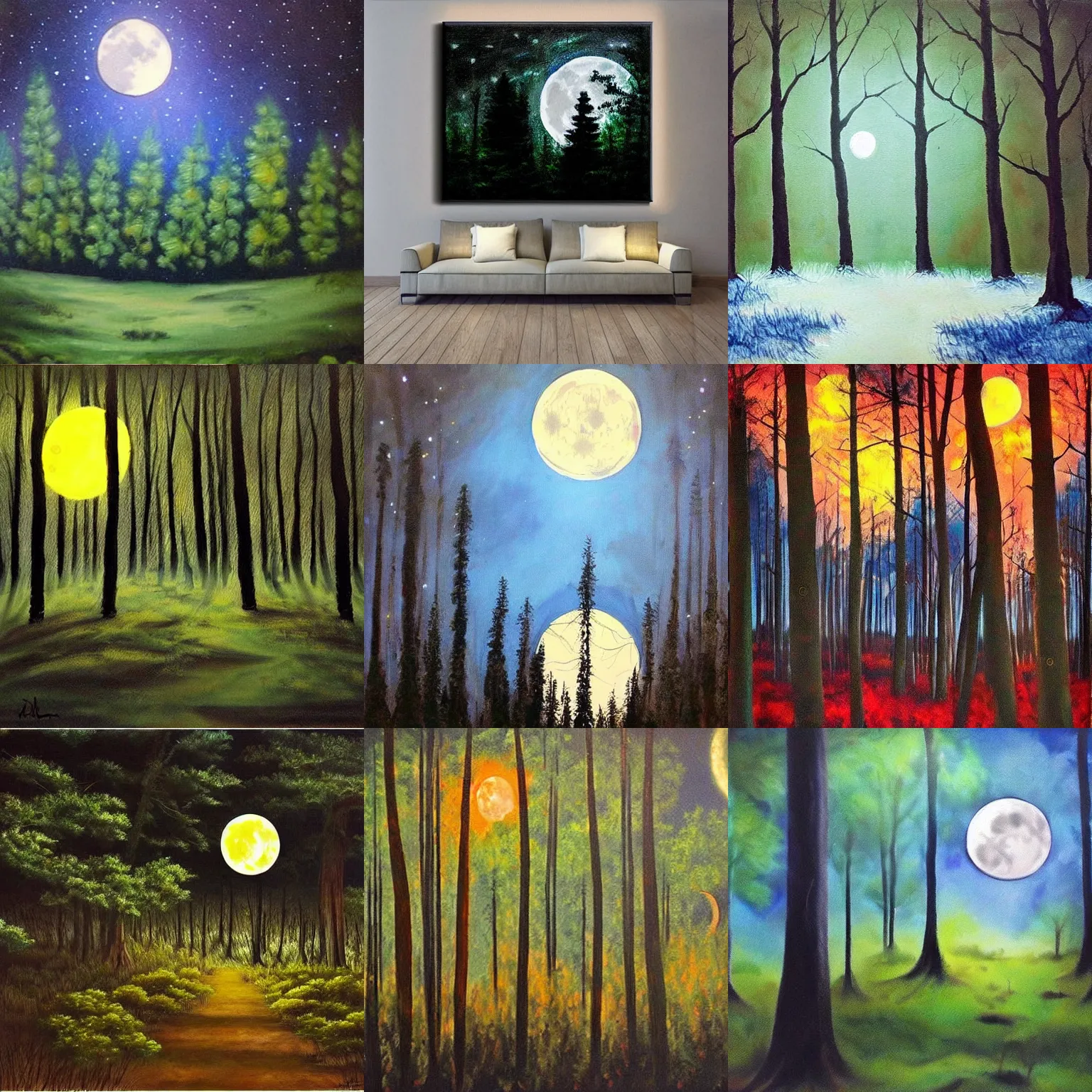 Prompt: forest at night, camofire, moon in the sky, beautiful painting