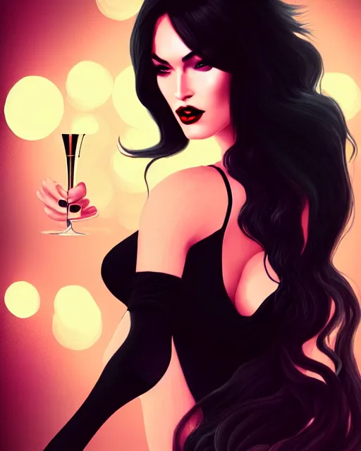 Image similar to megan fox with dark eye makeup, fancy vegas show girl in a bar dancing on stage, long windblown black hair, glamorous pose, digital illustration, wlop, charlie bowater, octane