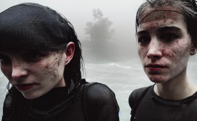 Image similar to cinestill 5 0 d candid photographic portrait by helen levitt of two loving female androids wearing rugged black mesh techwear in treacherous waters, extreme closeup, modern cyberpunk moody emotional cinematic dark, dust storm, 8 k, hd, high resolution, 3 5 mm, f / 3 2, ultra realistic faces, ex machina