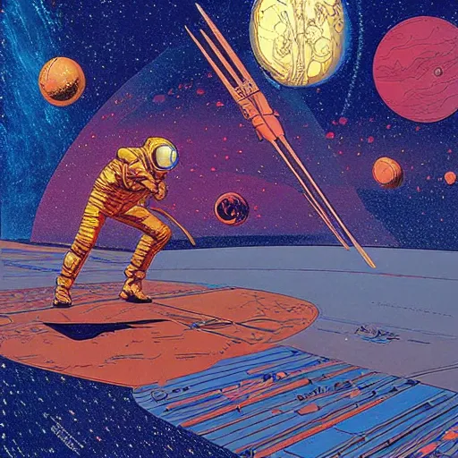 Prompt: a spacefight | jean giraud moebius