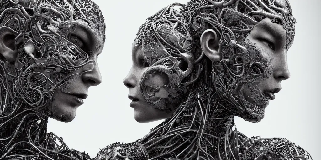Image similar to hyper realistic photography of a stunningly cyborg female and male, intimate, intricate filigree, in the style of beth cavener, jin kagetsu, and wlop, highly detailed, chrome face symmetry, masterpiece, award - winning, sharp focus, concept art, high key, ambient lighting, 8 k, octane render,