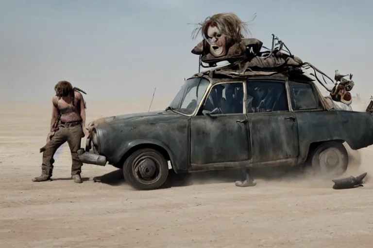 Image similar to trabant in mad max fury road, scene from the film