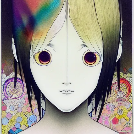 Image similar to prompt: Fragile looking soft light portrait face drawn by Takashi Murakami and Katsuhiro Otomo, inspired by Ghost in Shell anime, magical and alchemical objects on the side, soft light, monochrome background, intricate detail, intricate ink painting detail, sharp high detail, manga and anime 2000