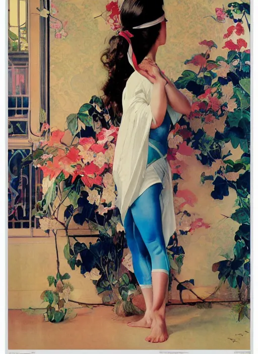 Image similar to an art nouveau realistic illustration poster of a girl doing yoga with a kimono designed by balenciaga by john berkey and norman rockwell