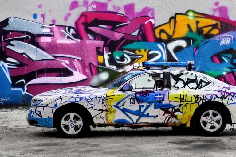 Image similar to a police car covered in graffiti that spells'1 3 1 2'by mia brownell, art by anna hotchkis, antonio saura, very detailed, maximalism, ambient occlusion, volumetric light, atmospheric haze, hyper realism, futuristic but colorful shading, cinematic composition, realistic render, photography, wide shot