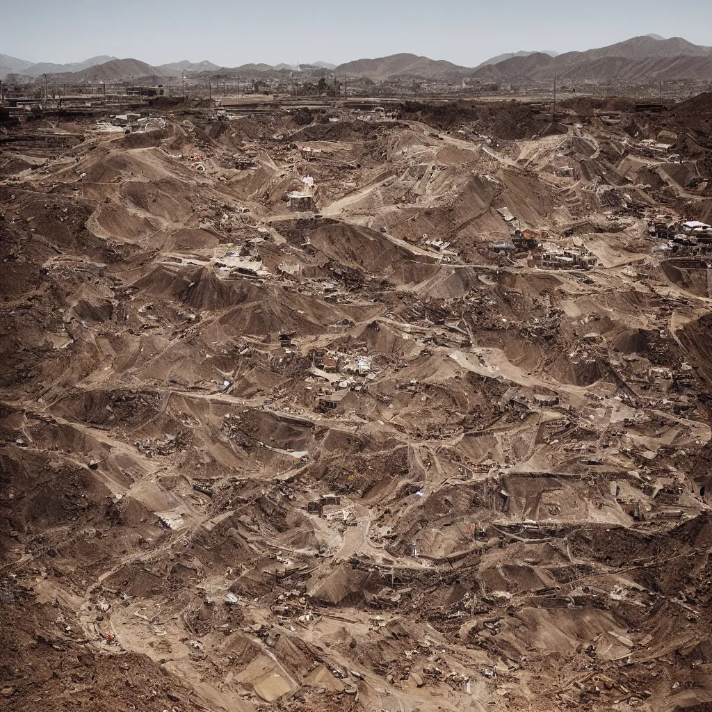 Prompt: mining tailings burying the city of chuquicamata by piranesi, composition, cinematic, rule, grid