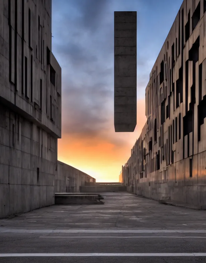 Prompt: brutalist architecture streetscapes stunning volumetric lighting sunset