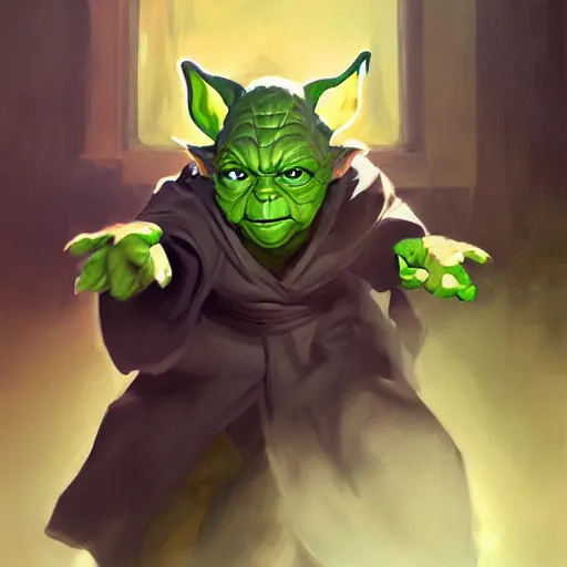 Image similar to greg manchess portrait painting of evil yoda as overwatch character, medium shot, asymmetrical, profile picture, organic painting, sunny day, matte painting, bold shapes, hard edges, street art, trending on artstation, by huang guangjian and gil elvgren and sachin teng