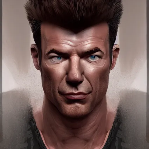 Image similar to Muscular rick astley , digital art , trending on artstation , Hyperdetailed , CGSociety