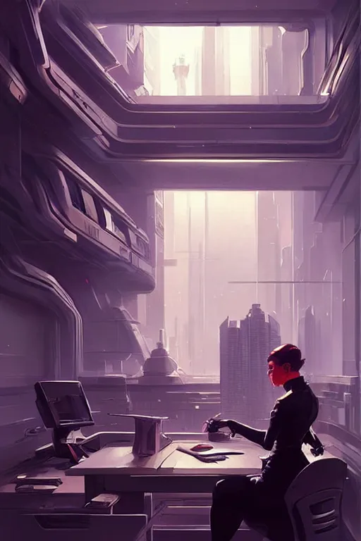 Prompt: futuristic office, cyberpunk, painting by greg rutkowski, j. c. leyendecker, artgerm