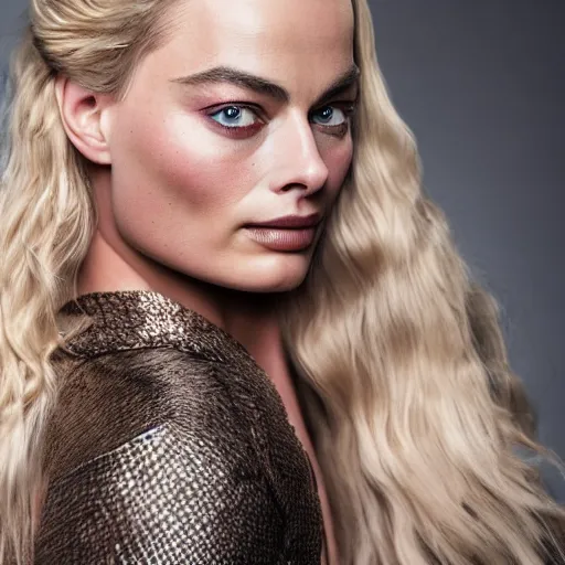 Image similar to A mix of margot robbie and khaleesi, portrait, highly detailed, professional photograph, studio lighting, sharp, 8k, HD