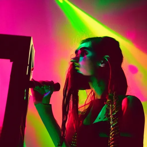 Prompt: grimes on stage djing, volumetric neon lights in the background, gleaming, 3 5 mm photography, portrait!!!!!!