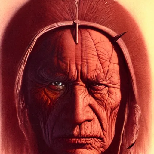 Image similar to Angry Native American Chieftain portrait, dark fantasy, red, artstation painted by Zdzisław Beksiński and Wayne Barlowe