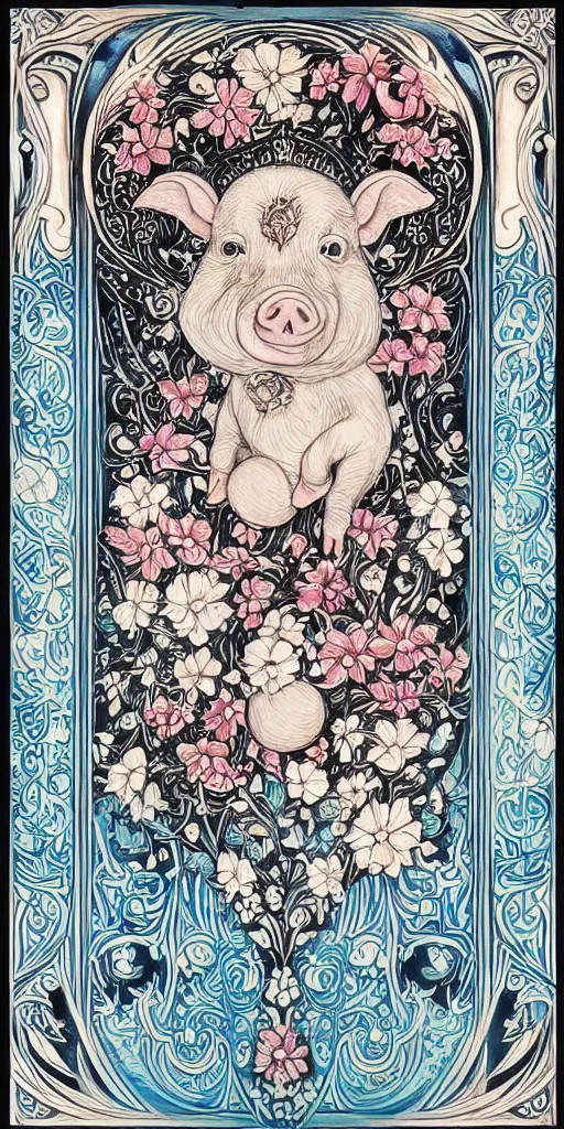 Image similar to Painted dark-wood panel relief carving of a Flowerpunk Piglet, White and pale blue toned, ornate border frame, explosion of colorful flowers, dark wood, intricately carved, black ink, festival of rich colors, intricate details, cinematic lighting, volumetric lighting, post-processing, art nouveau, tarot, fractal art, mandala, by andreas rocha and john howe, and Martin Johnson Heade, featured on artstation, featured on behance, golden ratio, hyper detailed, photorealistic, epic composition, center spotlight, f32, well composed, symmetrical, UE5, 8k