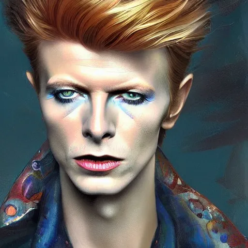 Image similar to young David Bowie, artists portrait, fantasy, highly detailed, digital painting, Abstract colours, concept art, sharp focus, depth of field blur, illustration, art by artgerm and greg rutkowski and alphonse mucha