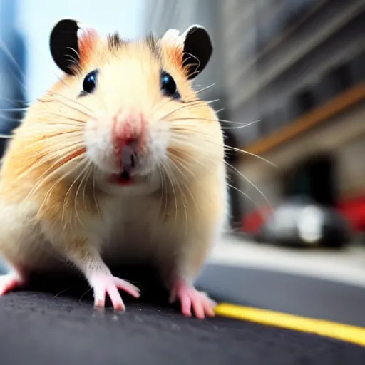 Prompt: a cute hamster sitting in the middle of a busy street with skyscrapers, low angle camera, cinematic, very detailed, 4 k, depth of field