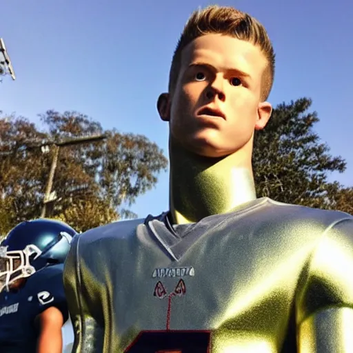 Image similar to “ a realistic detailed photo of a guy who is an attractive humanoid who is half robot and half humanoid, who is a male android, football player christian mccaffrey, shiny skin, posing like a statue, blank stare, on the field, on display ”