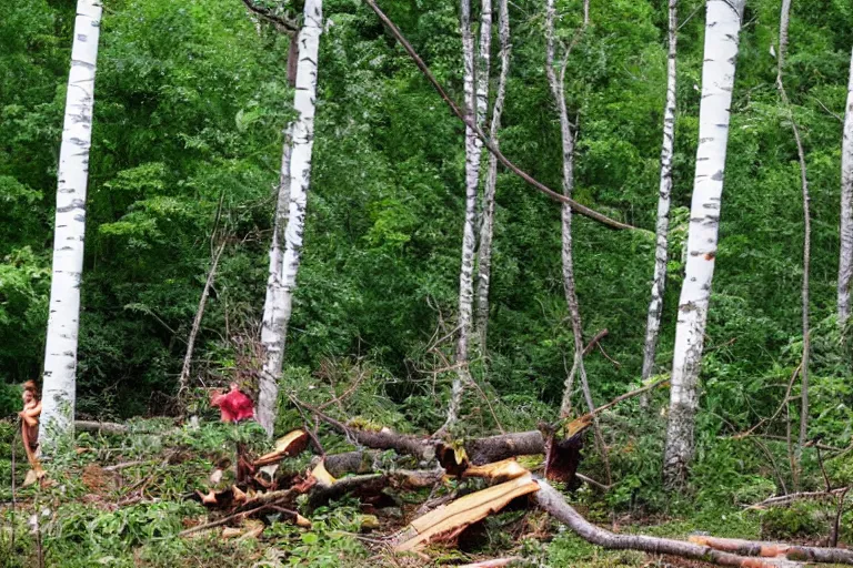 Image similar to donkey kong in a forest knocking down trees, a white birch tree that has fallen over, donkey kong from nintendo 6 4