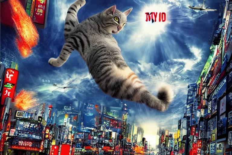 Image similar to cat attacking Tokyo, disaster movie poster, masterpiece, masterwork, cgstudio