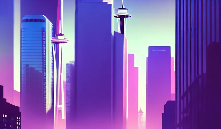 Prompt: a beautiful, sharp focus, and immaculate overcast futuristic seattle cityscape. view from an alleyway. vaporwave ombre rendering. outrun style. trending on artstation. recommended for you behance. by chris moore. by edward hopper. beeple colors. ambient occlusion. digital matte painting. metropolis filmic. gotham city.