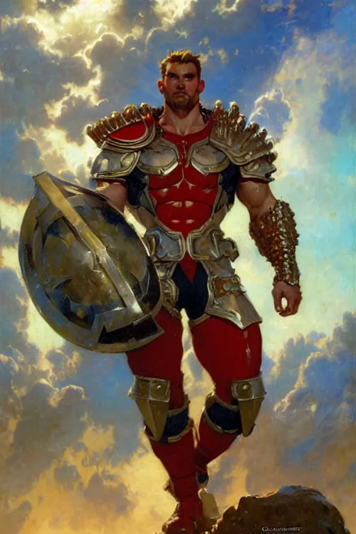 Image similar to attractive beefy male with armor, character design, colorful, cryptid academia, painting by gaston bussiere, craig mullins, j. c. leyendecker, tom of finland