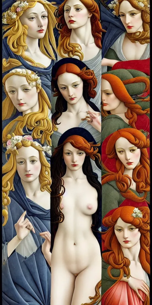 Image similar to the 12 months of the year as 12 figures, (3 are Winter, 3 are Spring, 3 are Summer and 3 are Autumn), in a mixed style of Botticelli and Æon Flux!!, inspired by pre-raphaelite paintings and shoujo manga, stunningly detailed, stunning inking lines, flat colors, 4K photorealistic