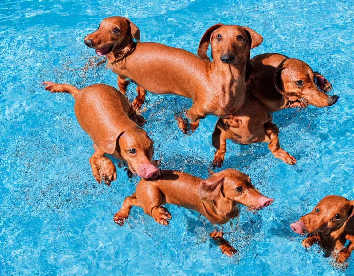 Prompt: dachshund and a pig playing in a pool, photography, hyper-realistic, 4k