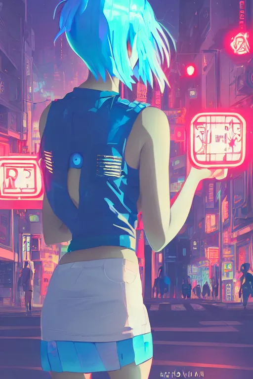 Image similar to digital illustration of cyberpunk pretty girl with blue hair, wearing a short mini skirt and tank top, with a cyberpunk dragon in city street at night, by makoto shinkai, ilya kuvshinov, lois van baarle, rossdraws, basquiat