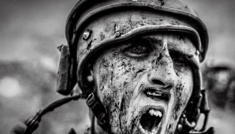 Image similar to World War 1 soldier screaming in horror, close-up of face, wartorn landscape, bullets whizzing past camera, dirty lens, shallow depth of field, cinematic lighting, IMAX, cinematography, 35mm