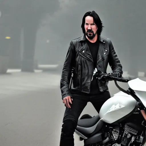 Prompt: Keanu reeves in black biker gear foggy pic 4K detail