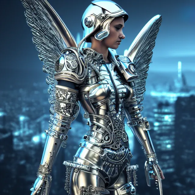 Prompt: beautiful!! futuristic cyberpunk angel warrior with ornate slick pearl armor, highly detailed 8 k hdr smooth sharp focus high resolution award - winning photo photorealistic