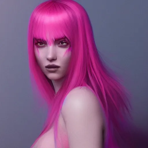 Image similar to Portrait of a woman with bright glowing strands of hair, pink dyed hair and a fringe, posing ready for a fight, artstation, cgsociety, masterpiece