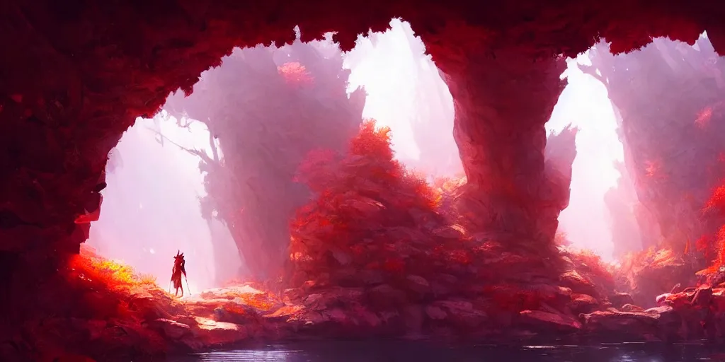 Image similar to entrance to small cave inside the forest, red crystals. In style of Greg Rutkowski, Jesper Ejsing, Makoto Shinkai, trending on ArtStation, fantasy, great composition, concept art, highly detailed, scenery, 8K, Behance.