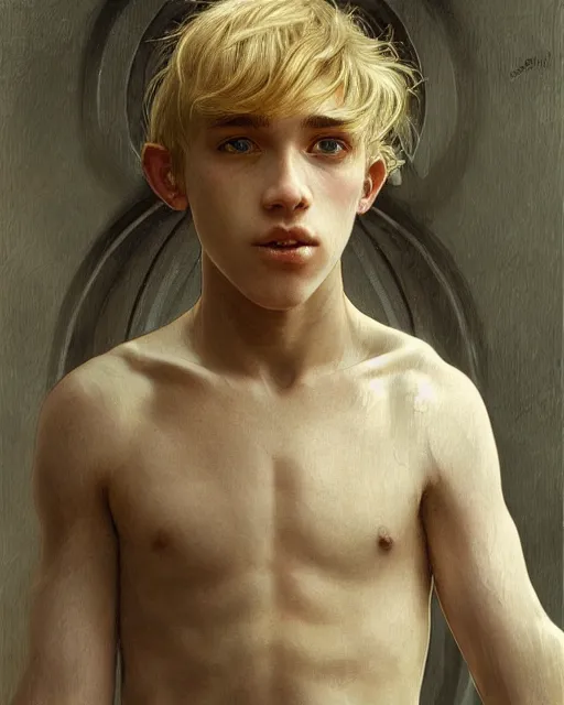 Prompt: portrait of 1 5 - year - old boy with blonde hair, round - face, with long toothed,, hyper realistic face, beautiful eyes, close up, fantasy art, in the style of greg rutkowski, intricate, alphonse mucha, hyper detailed, smooth