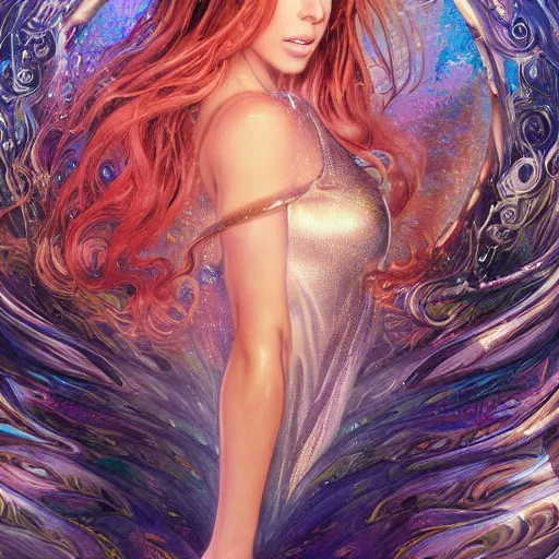 Image similar to ultra detailed illustration of Kate Beckinsale as a anime girl covered in a sea of iridescent liquid, chrome metal material, lost in a dreamy oriental realm by Karol Bak, Ruan Jia, Moebius, hiroshi yoshida, Druillet, colorful, front view, vivid colors, 8k, coherent, anime vibes, uplifting, magical composition, artstation, synthwave, 8k, coherent, artgerm, uplifting, unreal engine, magical composition, artstation,