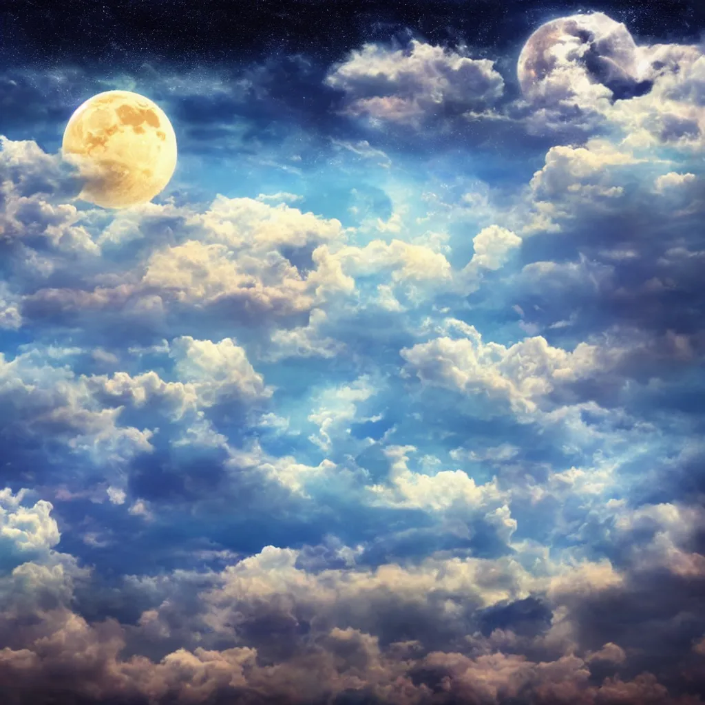 Image similar to fantasy realistic horizon, sky, surreal, clouds, moon