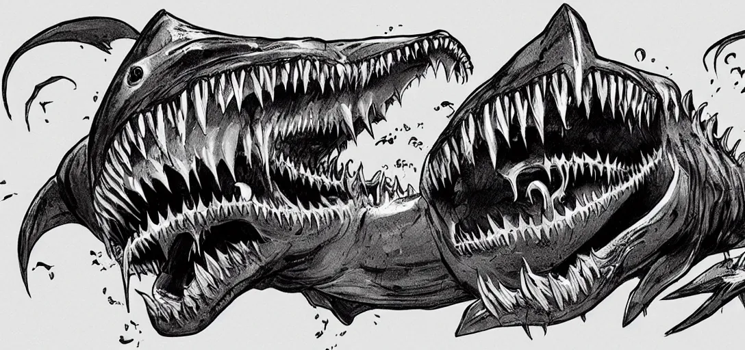 Image similar to concept art of shark attack, lovecraftian, lots of teeth, melting horror, fighting the horrors of the unknown with laser guns