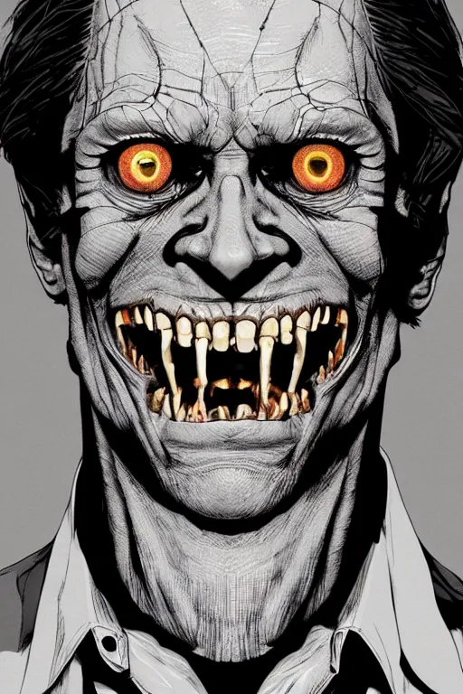 Image similar to willem dafoe, full body, big two toned eyes, teeth gritted, horror, intricate details, cinematic, epic, realistic, anatomy, tomer hanuka, uplight, artstation, photorealistic, scary