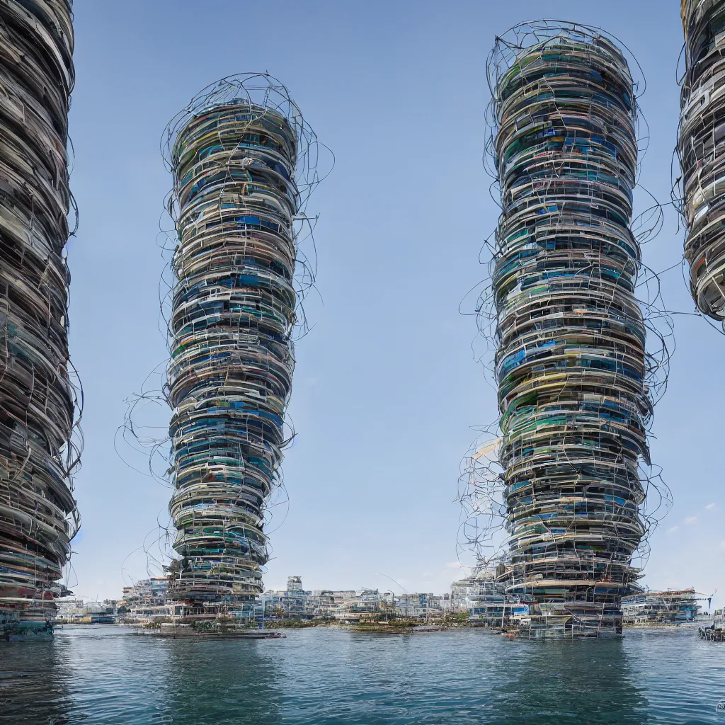 Image similar to a circular tower, made up of colourful makeshift squatter shacks suspended over water, dystopia, sony a 7 r 3, f 1 1, fully frontal view, ultra detailed, photographed by zaha hadid,