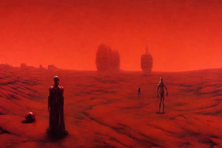 Image similar to only with red, a red god of death eat apple, a futuristic city on mars in background, an ancient path, pathos, in the style of beksinski, part by hopper, part by rodcenko, part by hofbauer, intricate composition, red by caravaggio, insanely quality, highly detailed, masterpiece, red light, artstation