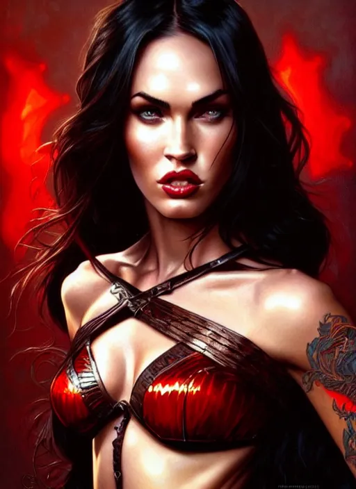 Image similar to portrait of megan fox as devil, red skin, batwings, hell, intricate, headshot, highly detailed, digital painting, artstation, concept art, sharp focus, cinematic lighting, illustration, art by artgerm and greg rutkowski, alphonse mucha, cgsociety